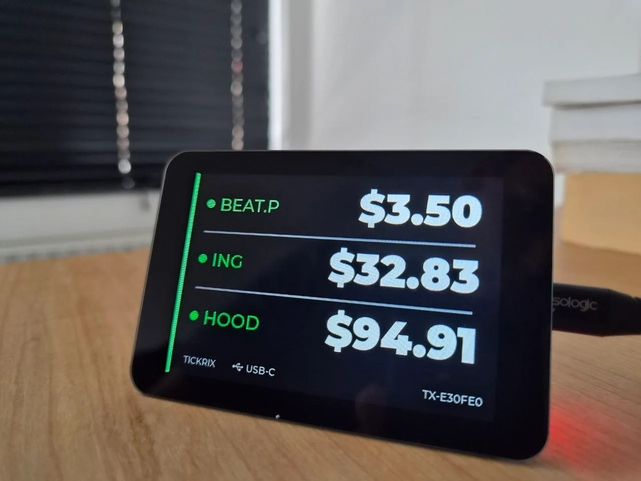 A Tickrix desk display showing three stock prices at once - BEAT.P, ING and HOOD - in large white digits