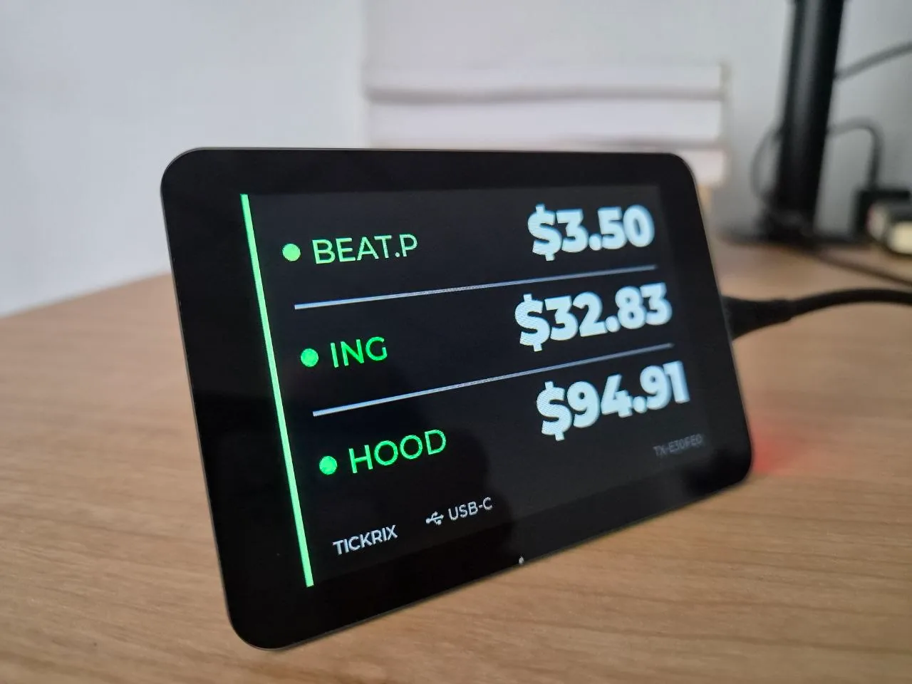 A Tickrix live market display sitting on a desk, cycling three stock prices